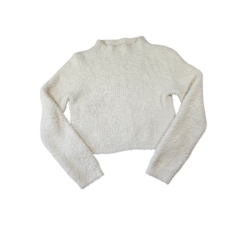 Aerie Womens Cream White Fuzzy Eyelash Knit Cropped Mock Neck Sweater Size Med